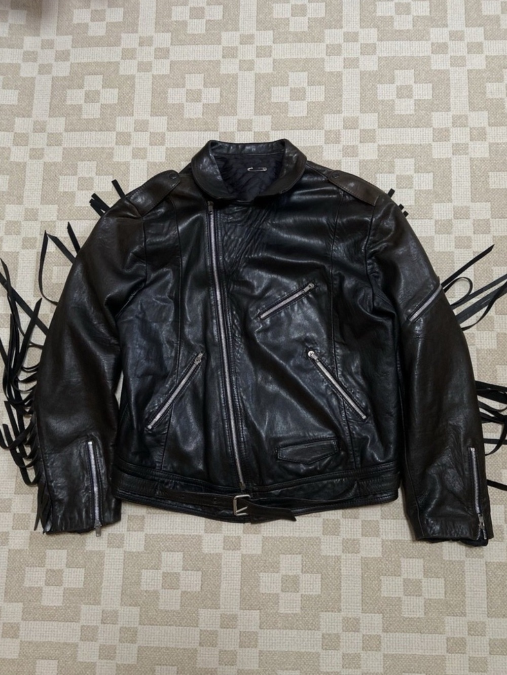 Vintage 80s Leather Fringe Jacket
Medium 22x27 Asymmetrical
Zipper Black - Picture 5 of 16